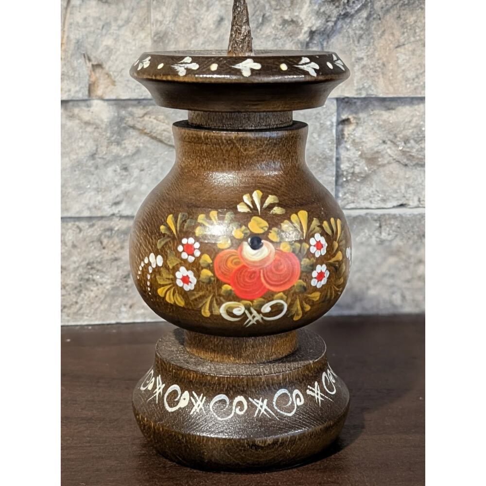 Vintage Folk Art Floral Hand Painted Pillar Wooden Candle Holder 4 inches Tall